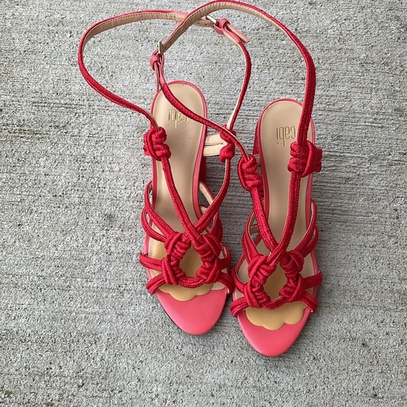 CAbi Red Strappy Tiptoe Chunky Heel Sandal Size 9 Red Pink - Picture 2 of 10